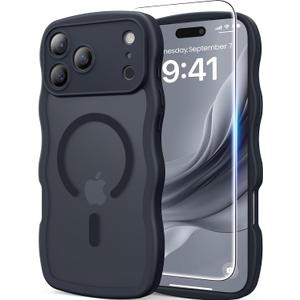 DOMAVER for iPhone 17 Pro Max Case for Women, 1X Screen Protector+1X Wrist Strap, [Compatible with MagSafe] [Full Camera Protection] Cute Wave Matte Phone Case for iPhone 17 Pro Max, Space Black
