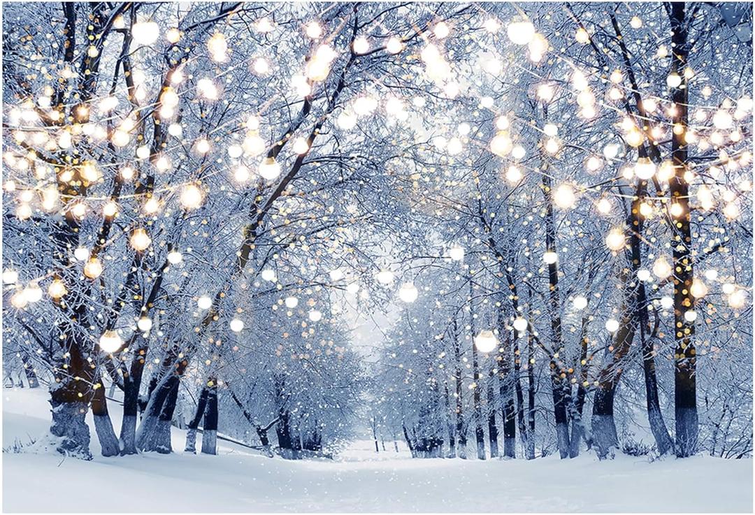 Funnytree 7x5ft Winter Scene Backdrop Wonderland Snowflake Photography Background Bokeh Glitter White Snow Forest Christmas Party Decoration Tree Landscape Kids Photobooth Photo Studio Props