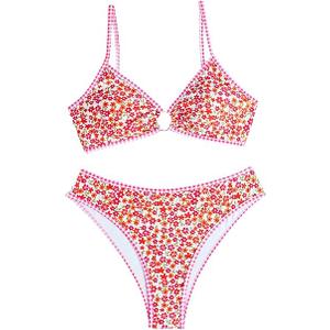 Floerns Women's 2 Piece Bikini Set Floral Tie Front High Waisted Bathing Suit, L