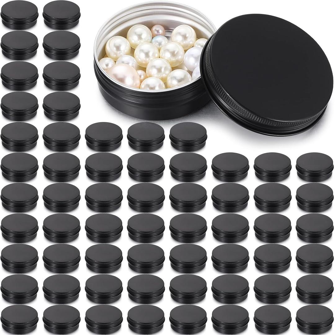 Patelai 64 Pieces Lip Balm Tin Containers Screw Top Round Tin Cans Aluminum Jar with Screw Lid, Empty Bottle Travel Cosmetic Sample Container for DIY(1 oz,Matte Black)