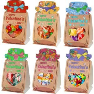 HRX Package 60 Pack Stand-Up Valentines Day Cards with Candy Bags, Upgraded Mason Jar Shaped Cards with Heart Window, Valentines Treat Bags for Personalized Gifts