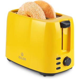 iSiLER 2 Slice Toaster with 1.3 Inches Wide Slot, 7 Browning Settings, Double Side Baking, Removable Crumb Tray, Defrost Reheat Cancel Function, Yellow