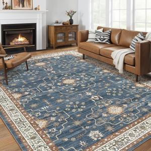 10x14 Area Rug for Living Room- Machine Washable Soft Oriental Vintage Large Indoor Floor Carpet for Bedroom Under Dining Table Home Office Decor - Dark Blue