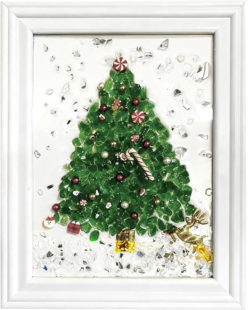 Sea Glass Christmas Tree Craft Kit for Adults: Resin & Mosaic Art Kit with Frame Sea Crushed Glass, Holiday Resin Kit for Handmade Christmas Decorations & Gifts, Beginner-Friendly Home Dcor Set