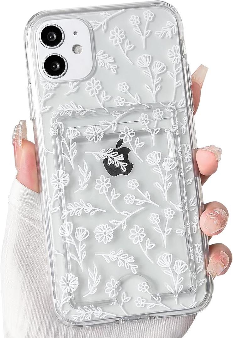 NITITOP Compatible with iPhone 11 Case Clear with Card Holder Cute Floral Flower Leaves Design for Women Girls Slim TPU and Hard Back Bumper Wallet Shockproof Protective Cover - White