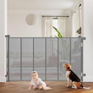 47" Extra Tall Retractable Baby Gates, Extends to 71" Wide, ExtraTall Retractable Safety Gate with Reinforced Strips, Retractable Tall Dog Gates for Doorways Mesh Baby Pet Gates Indoor, Grey