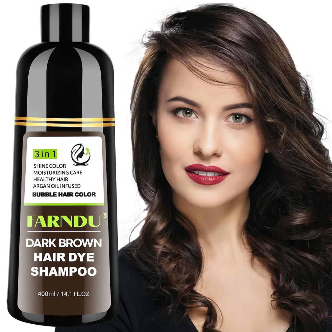FARNDU Dark Brown Hair Dye Shampoo 3 in 1 with Argan Oil  10-15 Min Gray Coverage, Natural Instant Hair Color Shampoo for Women and Men, Long-Lasting Up to 6 Months