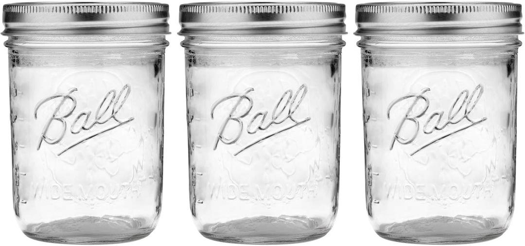 Ball Wide Mouth Glass Mason Jars with Lids and Bands, Used for Canning, Pickling, Juice, Jam, Jelly, Pint Size 16 Ounce (Pack of 3)