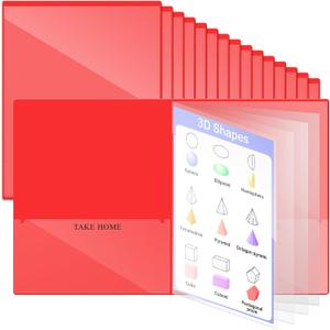 Henoyso 24 Pcs School and Home 2 Pocket Folders with 4 Clear Inner Pockets Plastic Heavy Duty Homework Folders Parent Teacher Communication for Student Home Office Classroom,11 x 9 Inch (Red)