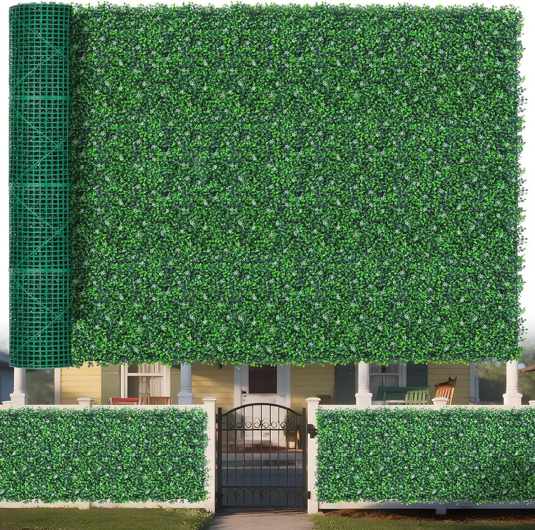 Boxwood Roll Panels with Flowers, 71"x144" (72 sqft) Artificial Ivy Privacy Fence Screen, UV-Anti Faux Boxwood Roll Grass Wall Panels for Patio Garden Balcony Decor