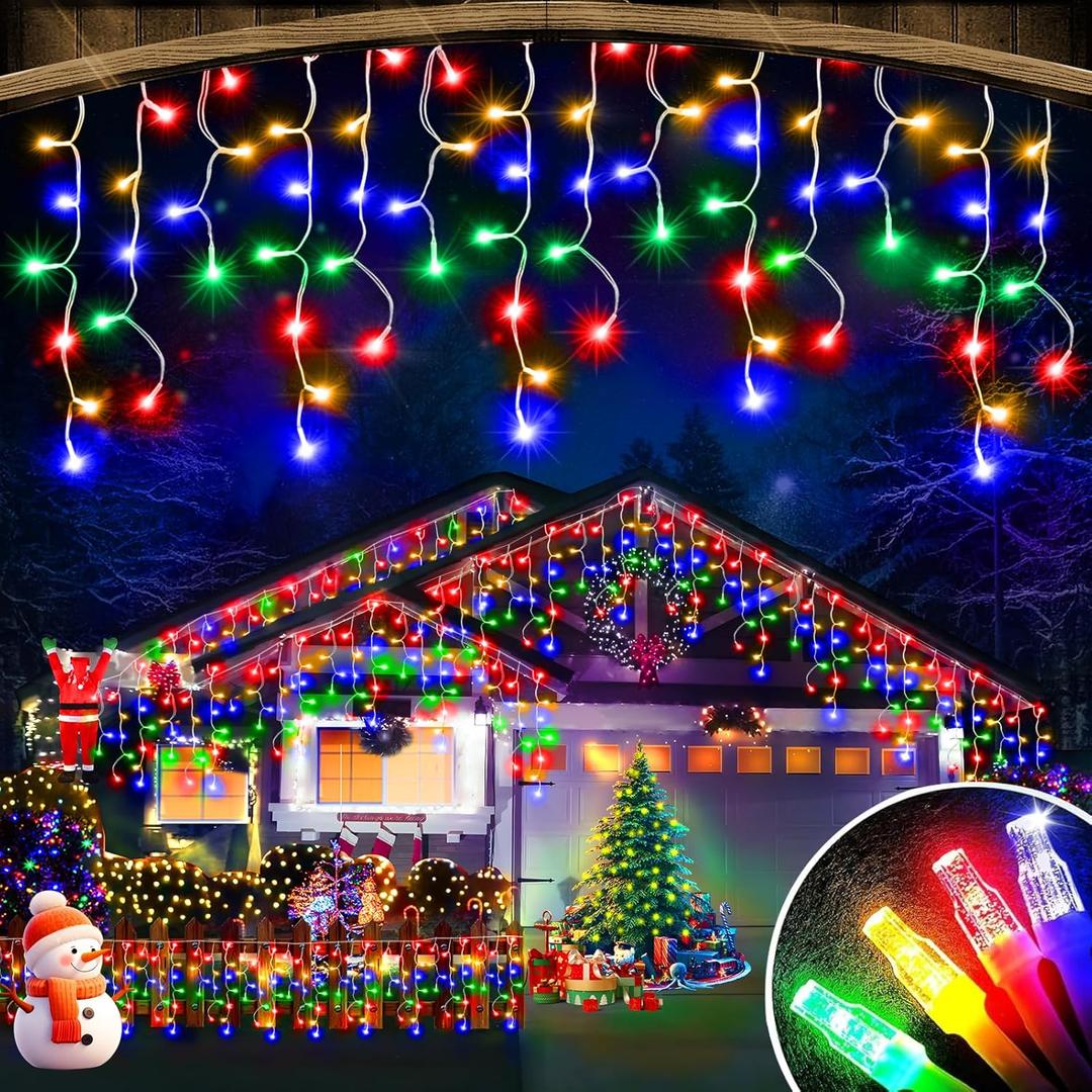 Christmas Lights Outdoor, 98FT 900LED Ice Lights for Outside, Ice String Lights with 8 Modes, Waterproof Timer Memory Hanging Light for Eaves Party Yard Garden(Multicolor)