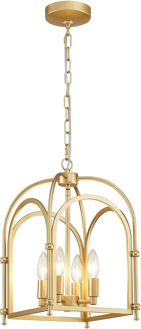 4-Light Gold Chandelier, Modern Farmhouse Lantern Chandelier with Rustic Cage Hanging Pendant Light Fixture for Kitchen Island Bedroom Living Room Entryway Foyer, Dining Room Light Fixtures Over Table (AJ-029-gold)