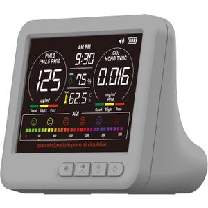 Professional Indoor Air Quality Monitor with 7X AQI,16 in 1 Portable Real-Time Detector for PM2.5 | PM10 | CO2 | TVOC | HCHO | Temp | Hum for Home Cars Plants Pets (Gray)