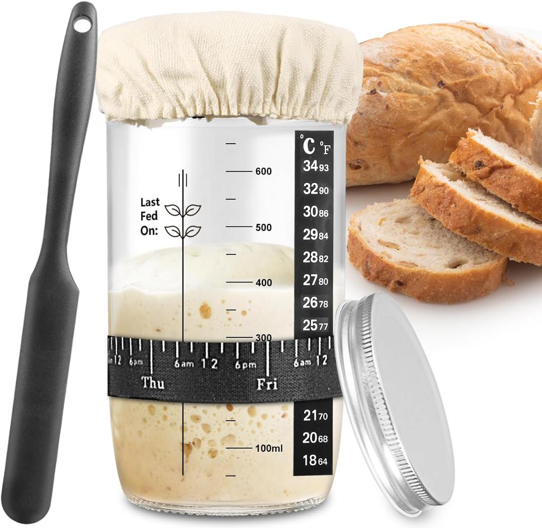 zunmial Sourdough Starter Jar, 24 oz Sourdough Starter Kit with Date Marked Feeding Band, Thermometer, Cloth Cover & Metal Lid, Reusable Sourdough Bread Baking Supplies, Home Baking Supplies