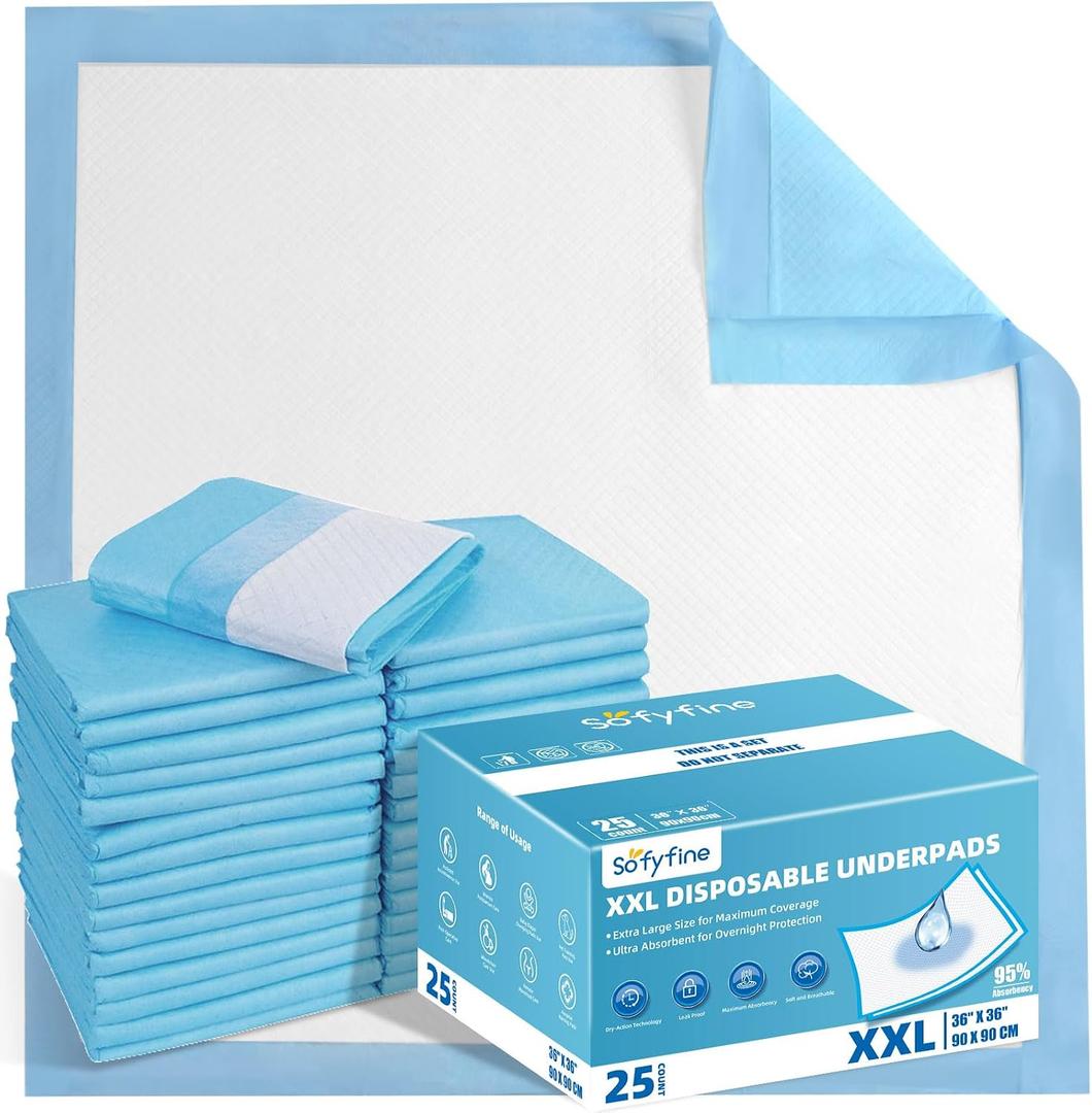 SOFYFINE Extra Large Chucks 36"x36" Disposable XXL Heavy Duty Absorbent Elderly Adults Incontinence Bed Pads,Waterproof Thicken Puppy Pee Pad,Changing Underpads for Women and Baby[25 Pads]