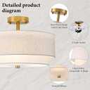 3-Light Semi Flush Mount Ceiling Light,16" Close to Ceiling Light Fixtures with Farmhouse Fabric Linen Shade, Double Drum Gold Flush Mount Ceiling Light for Bedroom Living Room Kitchen Dining Room
