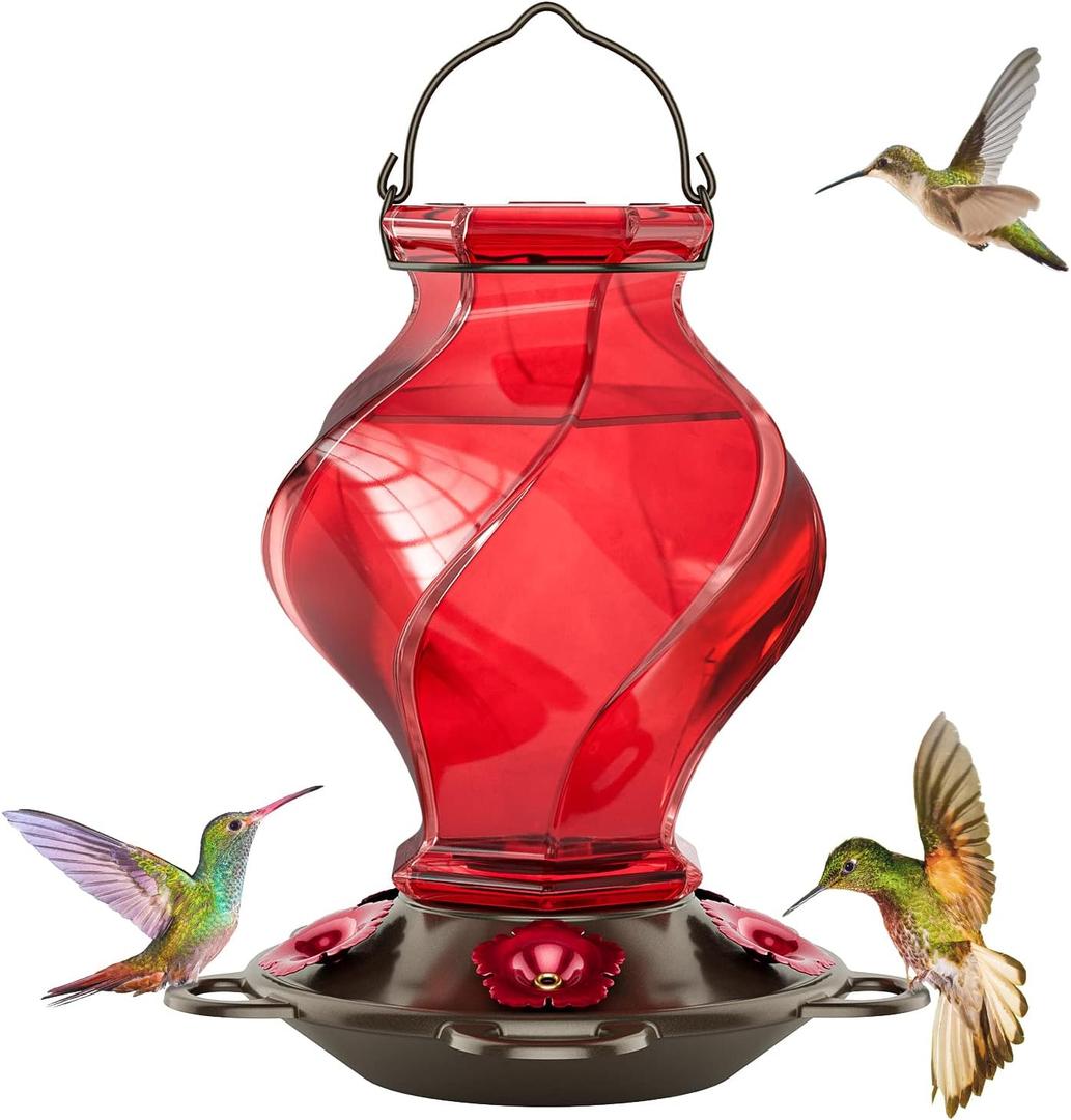 Auslar Hummingbird Feeder, Hummingbird Feeders for Outdoors Hanging, 21 Ounces Glass Hummingbird Feeder with 5 Feeding Stations, Spiral Shape Glass Bottle, Red