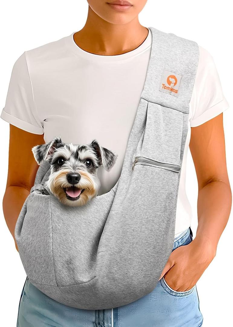 Tomkas Small Dog Cat Sling Carrier Puppy Purse Travel Wrap Soft Crossbody Pet Bag (Grey, M - Zip Pocket & Classic Strap)