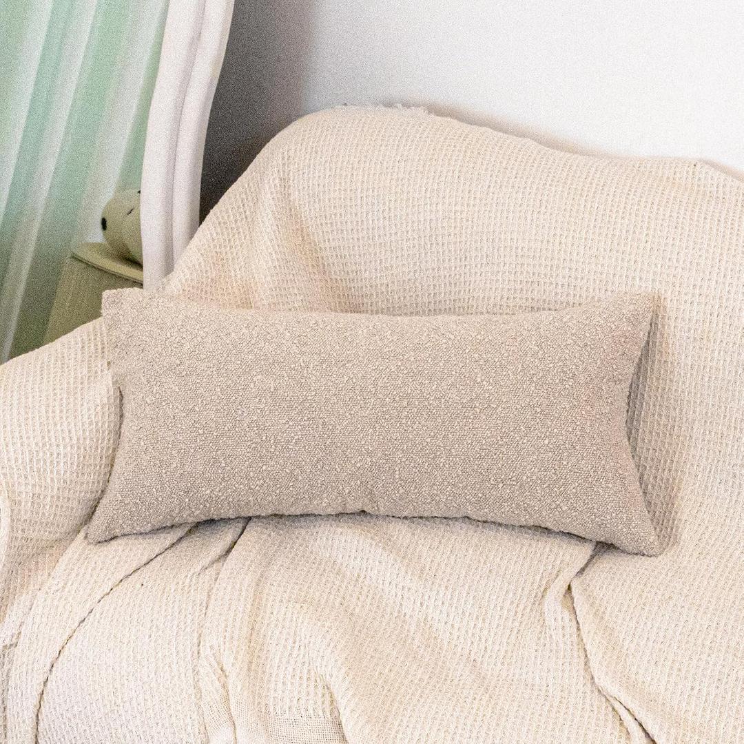 14x24 Neutral Textured Boucle Throw Pillow Cover, Beige Lumbar Pillow Cover Ivory Cozy Soft Cushion Case for Couch Sofa Bed Living Room Home Decor, Pack of 1 (Cover Only)