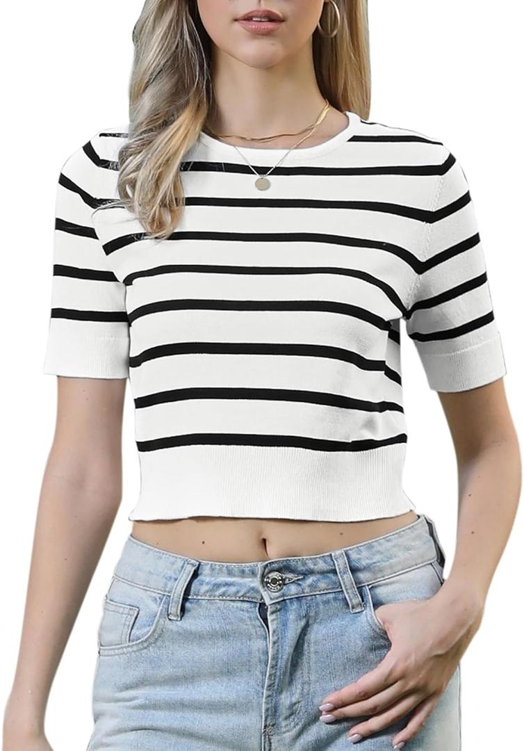 Allegra K Short Sleeve Striped Top for Women Crew Neck t Shirts 2026 Summer Knit Casual Cropped Pullover Sweater (Medium, Black Striped)