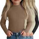 3 Pack Girls' Ribbed Long Sleeve Shirts Cotton Mock Turtleneck Tops Tag Free Knit Base Layer Tee Casual Undershirts (11-12 Years, Black, Mocha, Cream)