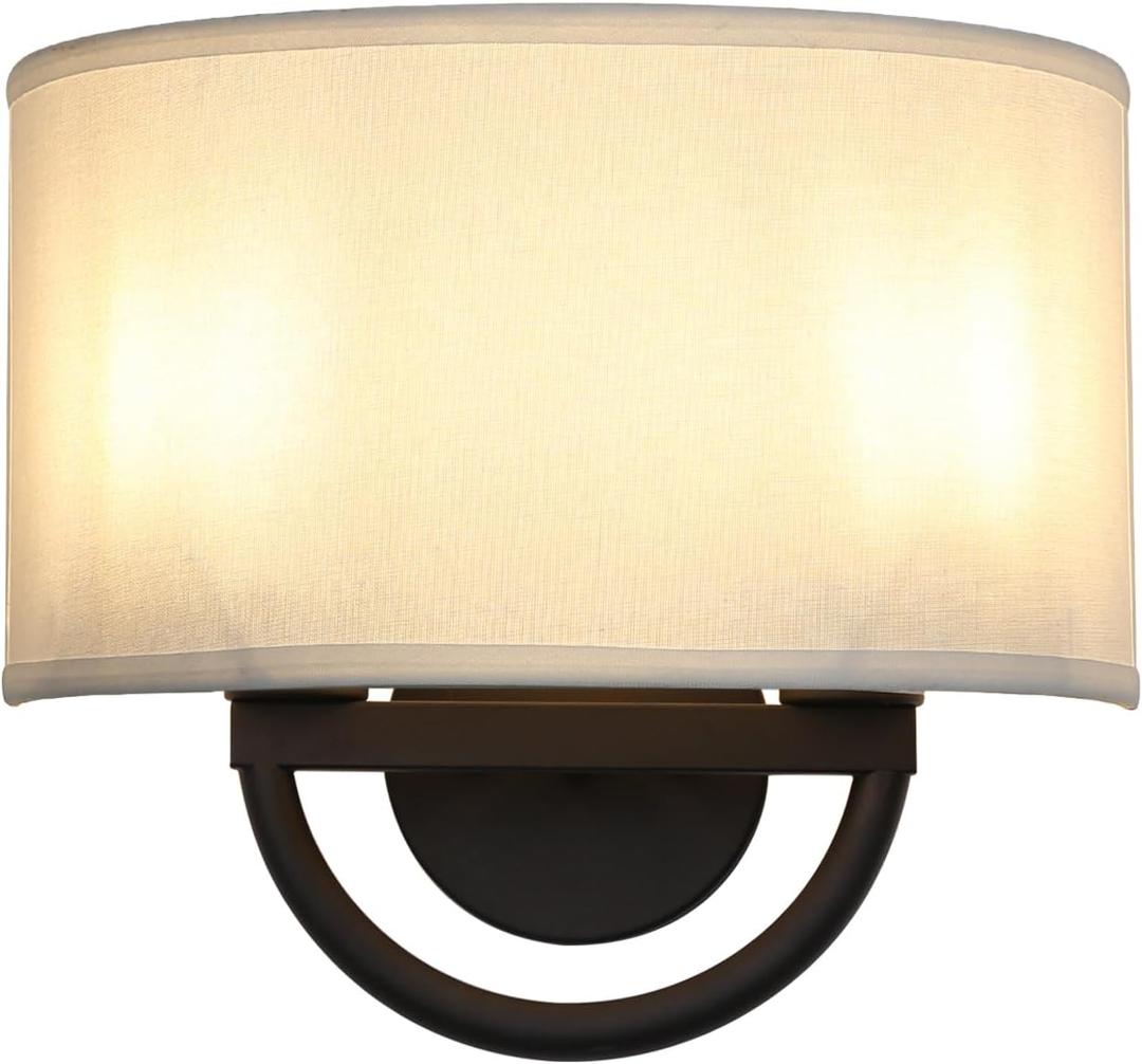 Industrial 2-Lights Wall Sconce Fixture with White Fabric Shade, Double Arm Wall Light Lamps Decor for Hallway Bedroom Living Room Bathroom Stairway (Black)