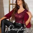 Dressystar Elegant Sequin Tops for Women, V-Neck Long Split Sleeve Blouses for Evening Party, Dressy and Sparkly Bling Shirt Burgundy S (Red, S)