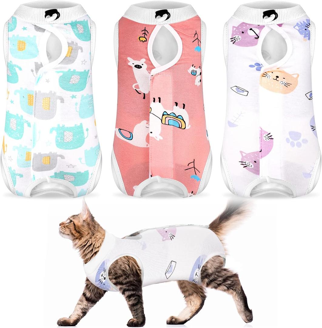 Nuanchu 3 Pieces Cat Recovery Suit Kitten Recovery Suit E-Collar Alternative for Cats and Dogs Abdominal Skin Anti Licking Pajama Clothes Sets(Cute Pattern,Medium)