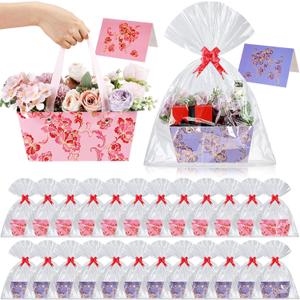Kolldenn 24 Set Flower Basket for Gifts Empty 9.8 x 6.5'' Floral Gift Basket to Fill Pink Purple Bouquet Box with Handles Bows Plastic Bags and Card for Tea Party Wedding Arrangement Mother's Day