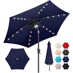 7.5ft Solar Umbrella Outdoor - Lighted Solar Patio Umbrella with 24 LED Lights Waterprool UV Protection, Table Umbrella with Tilt for Pool, Porch, Garden, Deck, Backyard (Navy Blue)