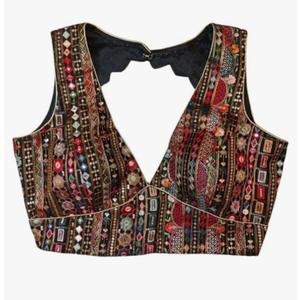 KRISHNA Sabyasachi V Cut Elegant Women's Readymade Saree Blouse Georgette Multi Embroidered Fabric Tunic Top Indian (L)