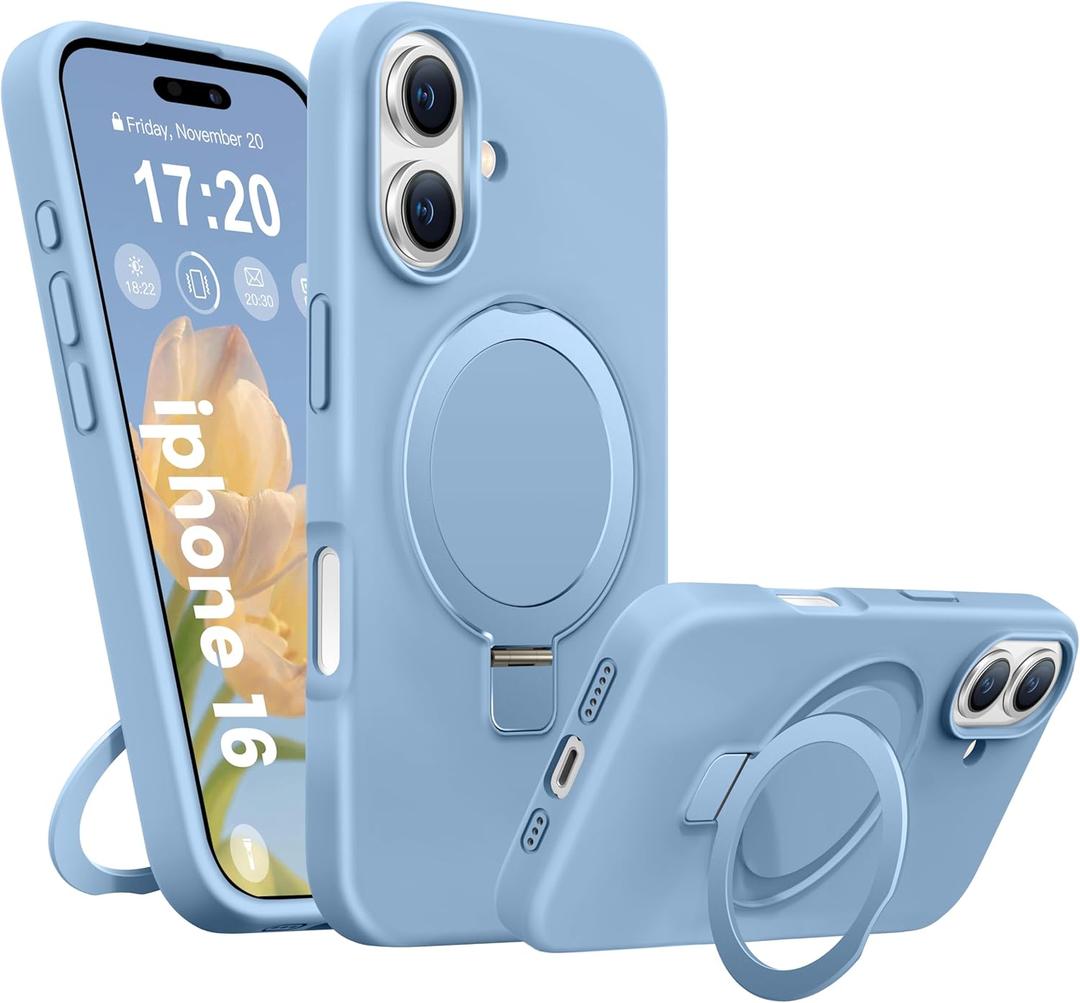 Liquid Silicone Case for iPhone 16 with Magnetic Ring Stand, Military Grade Shockproof Protection, Anti-Scratch Microfiber Lining Covers for iPhone 16, Light Blue