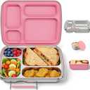 Stainless Steel Bento Box for Kids, Kids Lunch Box with 4-Compartment, Metal Lunch Box with Silicone Container & Sauce Cup, Durable Lunch Box Containers for School and Office (Pink)