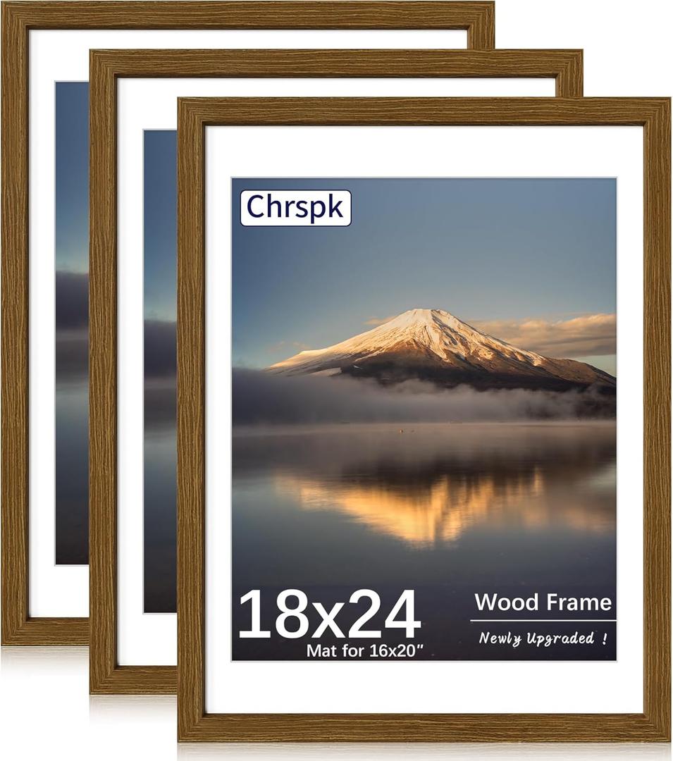 18x24 Poster Frame, Display Pictures 16X20 with Mat or 18x24 Without, Wall Hanging Frames, Rustic Brown, 3 Pack