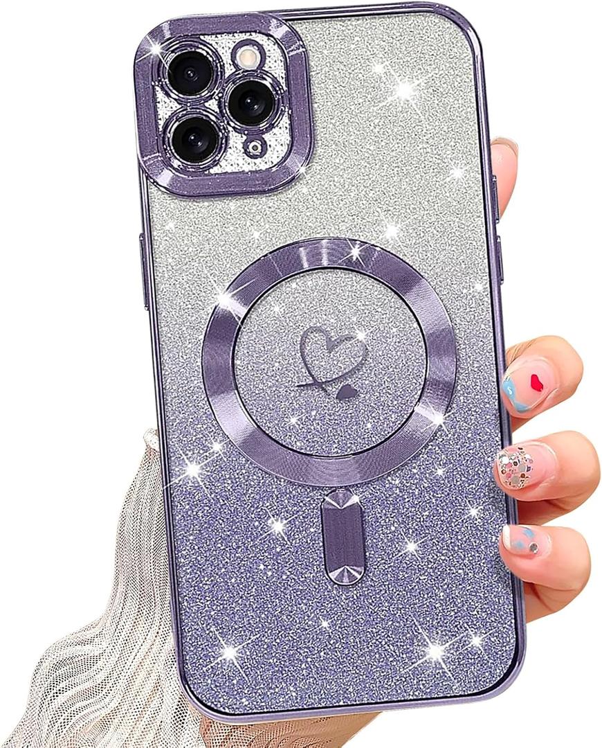 NITITOP Compatible with iPhone 11 Pro Max Case Cute Clear Glitter [Compatible for MagSafe] Plating Heart Sparkle Bling Magnetic Girl Women Electroplated Frame Camera Protection Back Cover - Purple