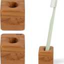 HTB Toothbrush Holder for Bathroom,2 Pack Teak Wood Toothbrush Stand Organizer Base Station Hollow Drainage Design,Small Countertop Organizer for pens,Makeup Brushes,Space Saver (Cube)