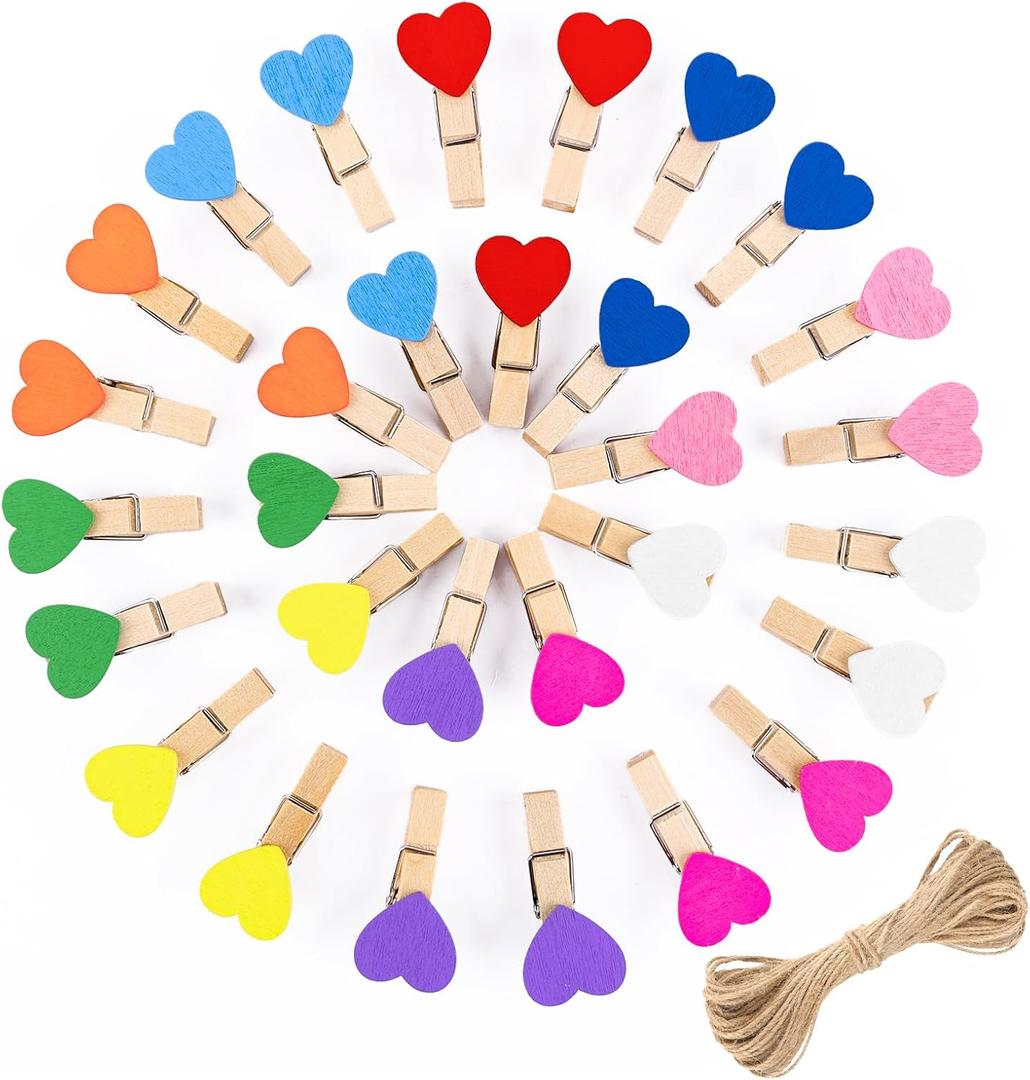 jijAcraft Clothespins with String - 50Pcs Mini Wooden Clothes Pins with Heart, 10Colors Heart Clips, 1.4Inch Small Photo Craft Clip for Baby Shower, Wedding, Birthday