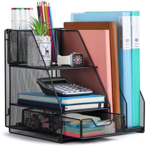 Desk Organizer, File Organizer for Desk with 2-Tier Paper Letter Tray, Drawer and 2 Pen Holder, Mesh Desktop Organization with Magazine Holder for Office Supplies (Black)