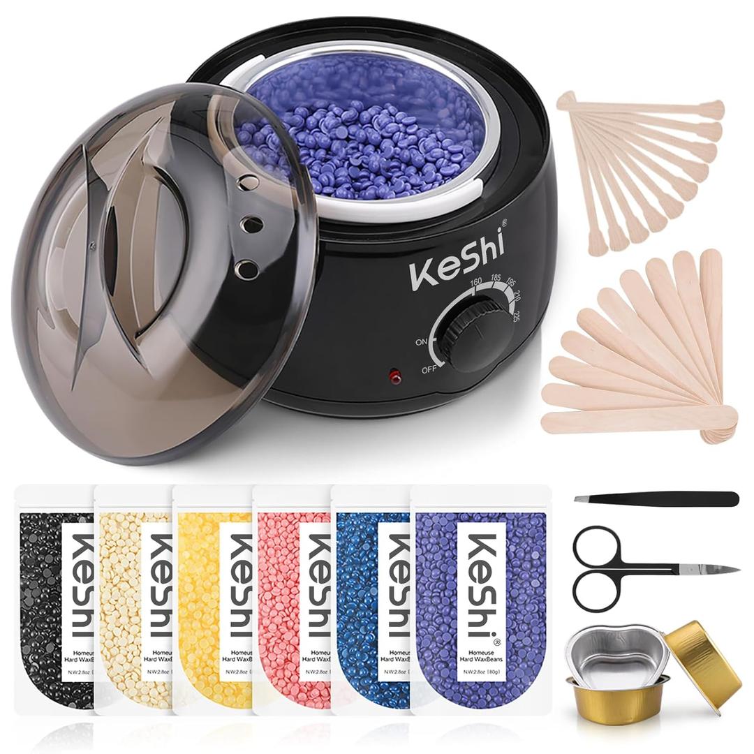 KeShi Waxing Kit, Painless Hair Removal Wax Warmer with 6 Bags Hard WaxBeans for Full Body, Legs, Face, Eyebrows & Bikini Ideal for Both Women & Men