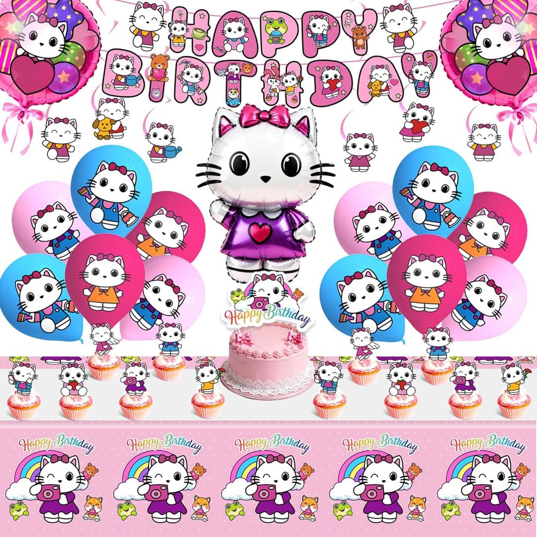 Lemoneon Cute Kitty Birthday Party Decorations Supplies Happy Birthday Banner Cake Cupcake Toppers Balloons Hanging Swirls