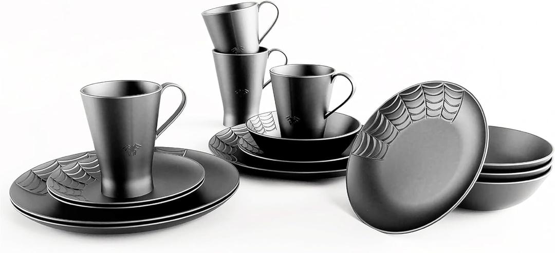 Nomnu Spiderweb Dinnerware Set (16 Pieces) - Goth Dinnerware Set - Black Matte Porcelain - 4 Dinner Plates 4 Salad Plates 4 Bowls 4 Mugs - Halloween Spooky Dishes Gothic Kitchen Decor Gifts