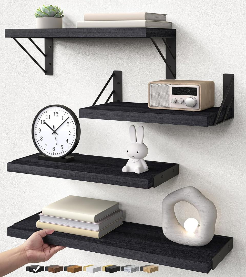 BAYKA Wall Mounted Floating Bathroom Shelves, Wood Wall Shelf for Bathroom Essentials & Decor, Space-Saving Display & Organizer (Black, Set of 4), 16-inch Mixed