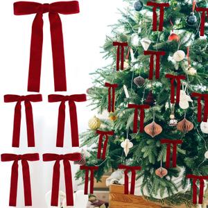 24pcs Red Velvet Bows for Christmas Tree, Large Ribbon Christmas Tree Bows, Red Velvet Bow Ornaments for Christmastree Gift Wrapping with Gold Twist Ties