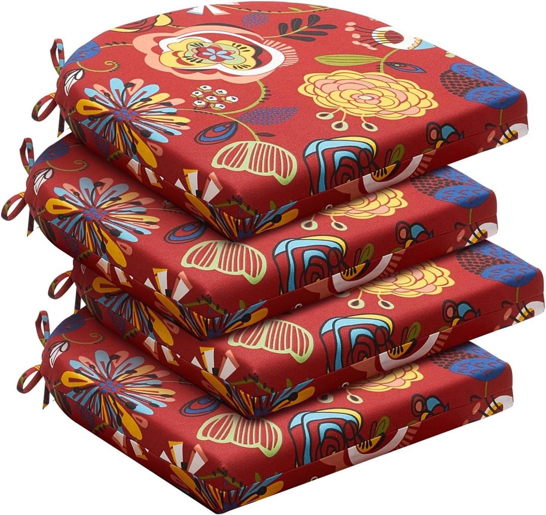 downluxe Outdoor Chair Cushions Set of 4 for Patio Furniture, Water-Resistant Patio Chair Cushions with Ties, High Density Foam Outdoor Seat Cushion, 17" X 16" X 2", Sonia Scarlet