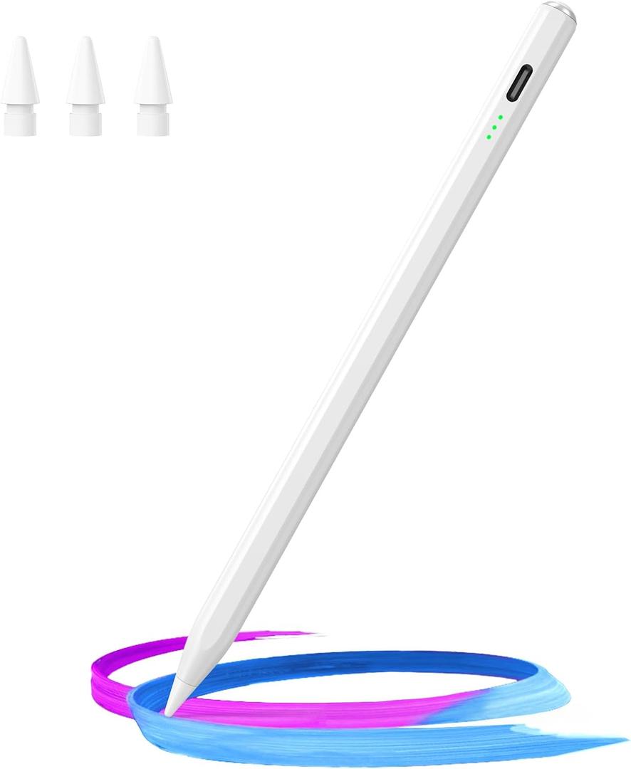 Stylus Pen for iPad(2018-2025)-13 Mins Fast Charge with Tilt Sensitivity & Palm Rejection for iPad 11/10/9/8/7/6th Gen, Air 7/6/5/4/3/M3/M2, Pro 13"/12.9"/11"/M4, Mini 7/6/5th,White