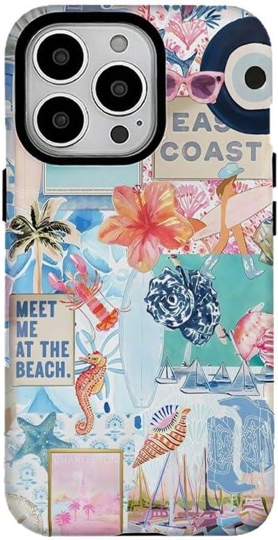Seashells Beach Summer Jellyfish Collage Phone Case Compatible with iPhone 16Pro,Scratch Resistant Hybrid 2-Layer Hard Shell