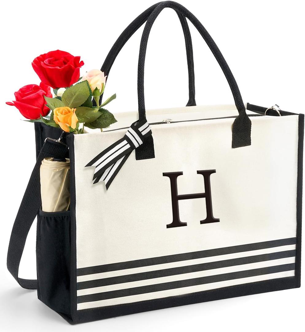 Personalized Initial Monogrammed Canvas Tote Bags, Gifts for Women Teachers Birthday Graduation Beach (White)