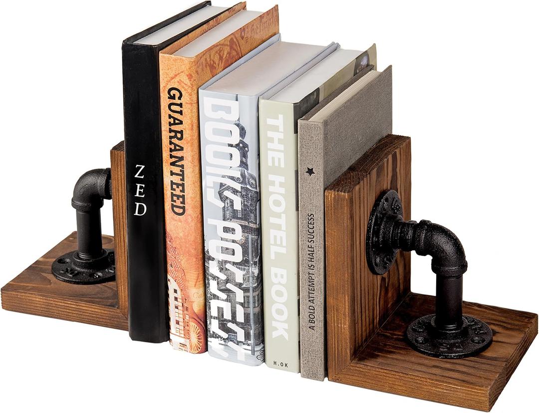 MyGift Book Ends, Decorative Bookends, Heavy Duty Book Holders for Shelves, Rustic Wood with Realistic Industrial Pipe Design,Unique Ideas for Father's Day, Christmas