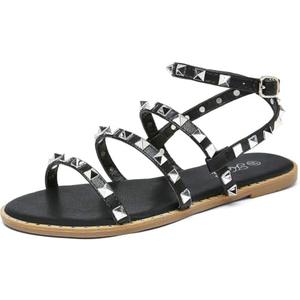 katliu Women's Flat Sandals Strappy Studded Sandals Gladiator Sandals with Ankle Strap Black, Size 10