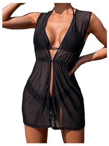 SweatyRocks Women's See Through Swimsuit Cover Up Sleeveless V Neck Sheer Bikini Beach Dress Black Large